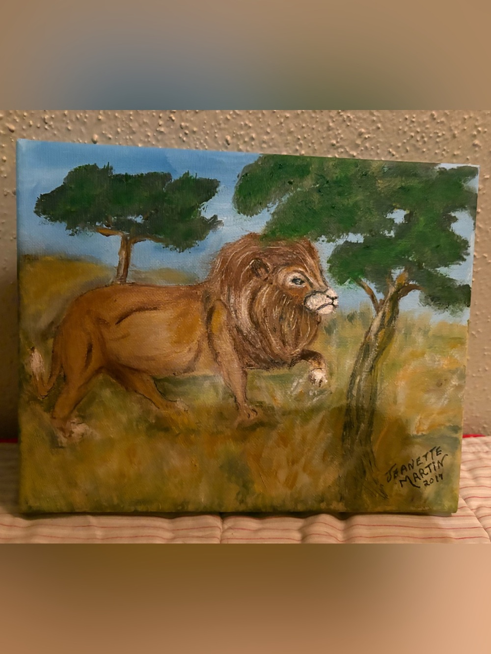 Hand-Painted Oil Lion Canvas Art in Brown and Green -